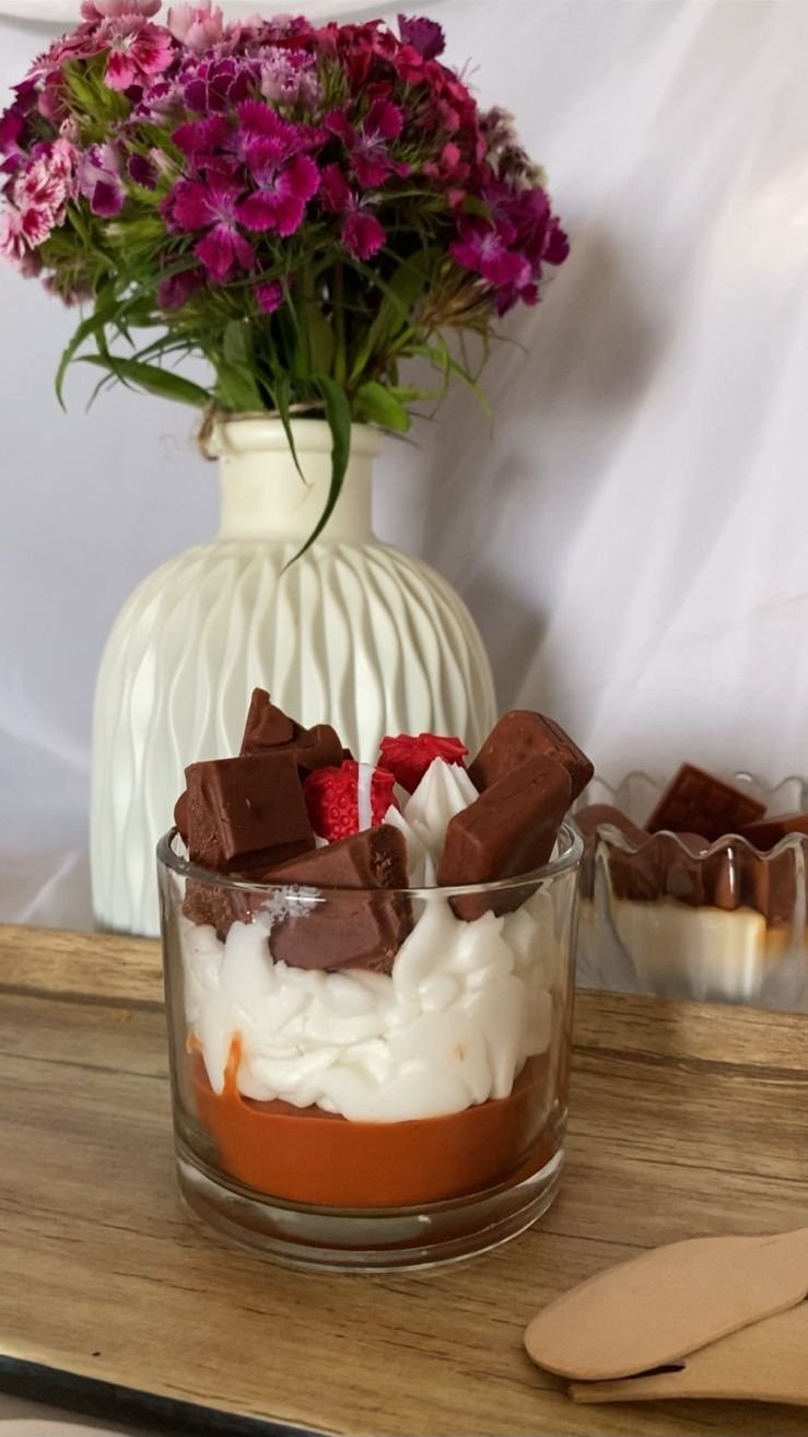 A caramel and cream version photographed on a wooden board
